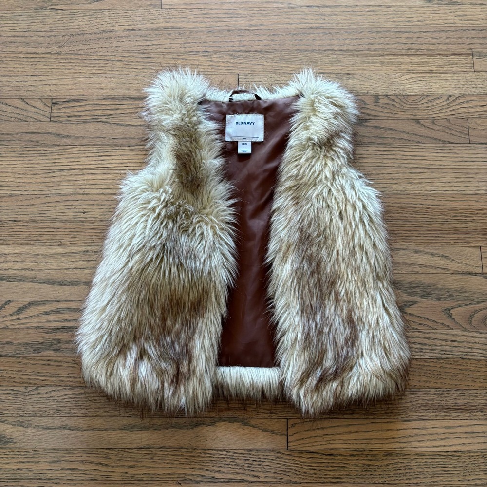 Old Navy Kids XS‎ 5 Faux Fur Vest Brown Cream Shaggy Sleeveless Jacket Outerwear